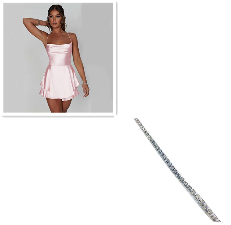 Women's Clothing Striped Suits ender Skirt For Women Elegant Slim Strap Satin Backless Lace Up A-Line Short Dress Lady
