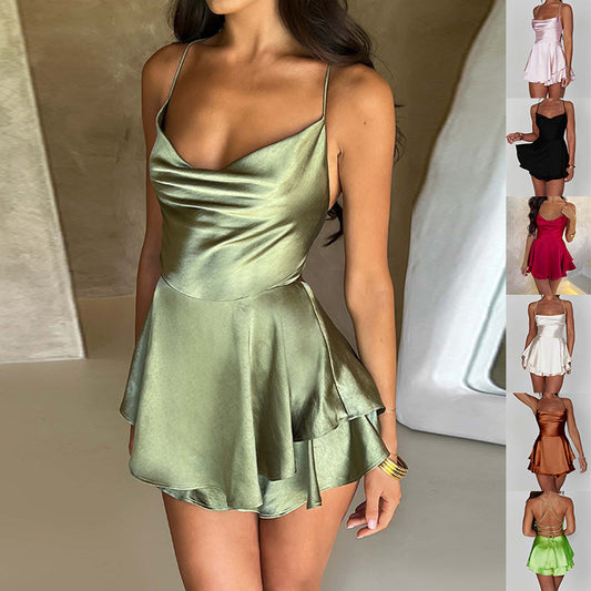 Women's Clothing Striped Suits ender Skirt For Women Elegant Slim Strap Satin Backless Lace Up A-Line Short Dress Lady