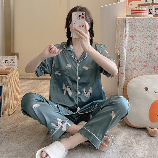 Summer Casual Short Sleeve Comfortable Lapel Ice Silk Home Wear Women